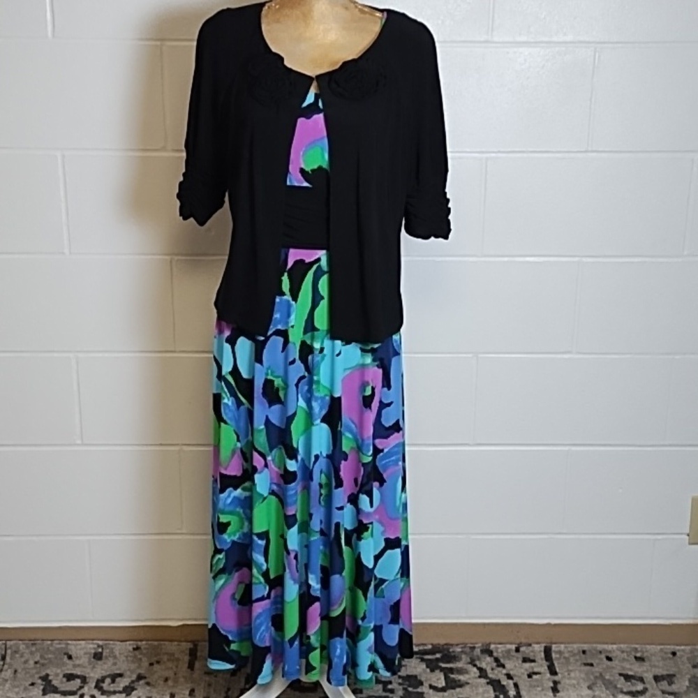 2 PC Perceptions NY Slinky Slip Over Tank Dress & Bolero Jacket  Rose Detail